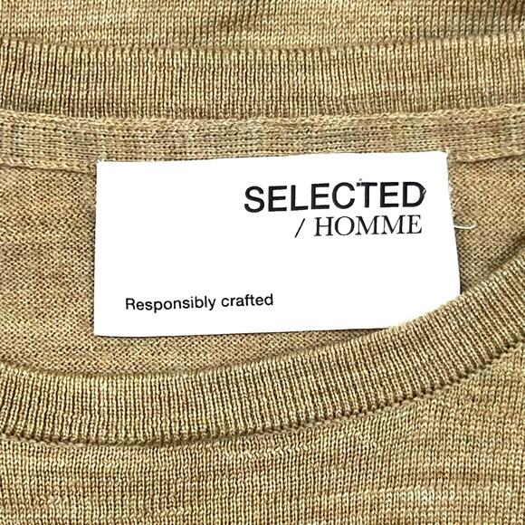 Selected Homme Men's L Crewneck Wool Sweater Tan Long Sleeve Lightweight - Picture 3 of 13